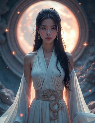The primary subject of the image is a woman wearing a white dress, standing in front of a large, round, glowing object. The setting appears to be a futuristic or fantasy-inspired environment, with the woman being the main focus of the scene. The visual style of the image is a combination of photo and digital art, creating a unique and captivating atmosphere. The colors in the image are predominantly white and gold, giving the scene a sense of elegance and sophistication.